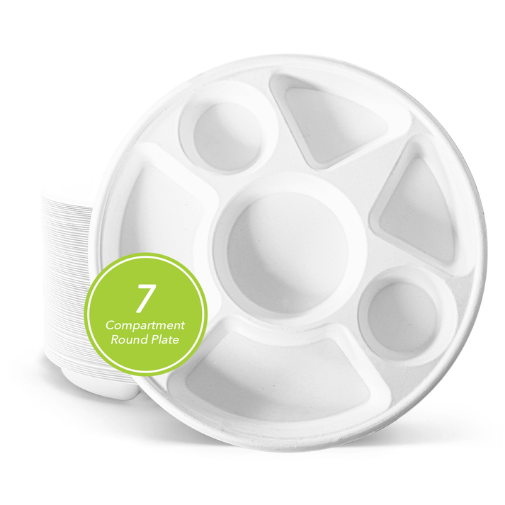 Three Leaf Products - Wholesale Disposable Plate - Three Leaf 7 Compartment Bagasse Round Plate, 200 Ct.0