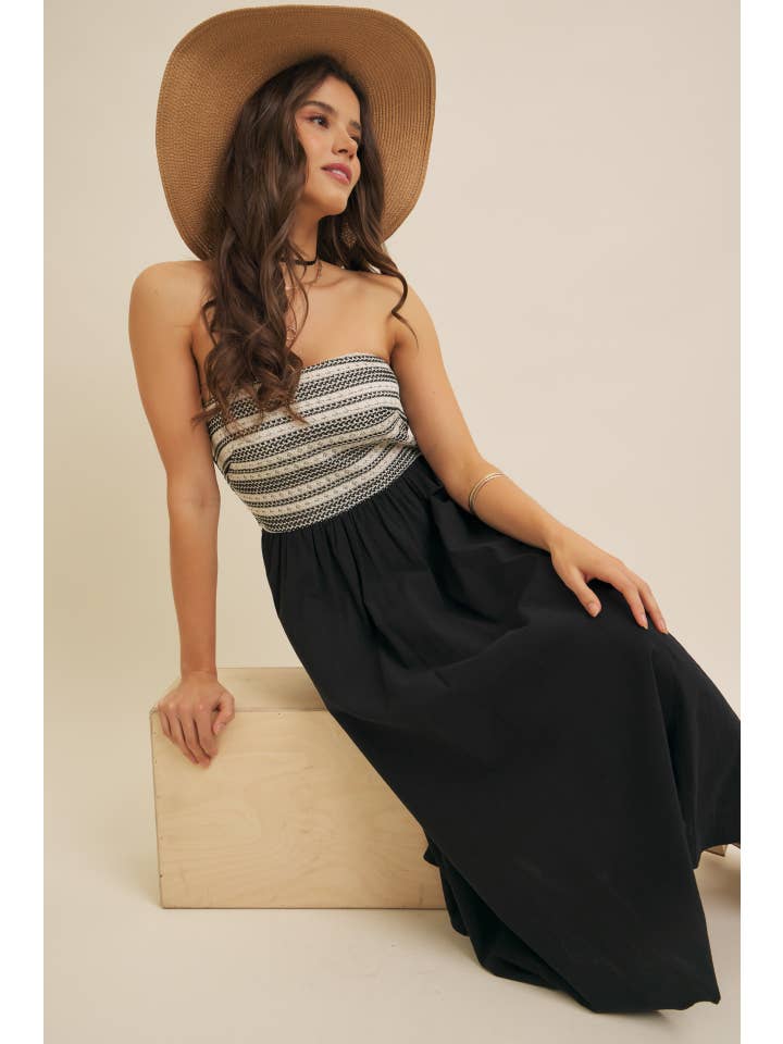 IVORY BLACK CROCHET CONTRAST TUBE TOP MIDI DRESS WITH POCKETS for wholesale on Faire