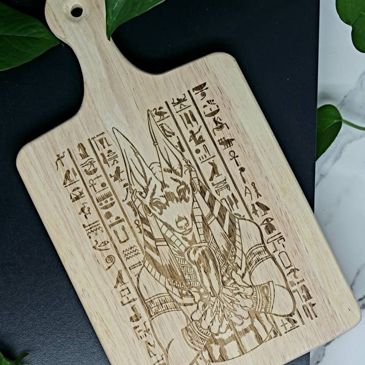 Three Witches Tea Shop - Wholesale Cutting Board - 13" Anubis Egyptian God engraved charcuterie cutting board1