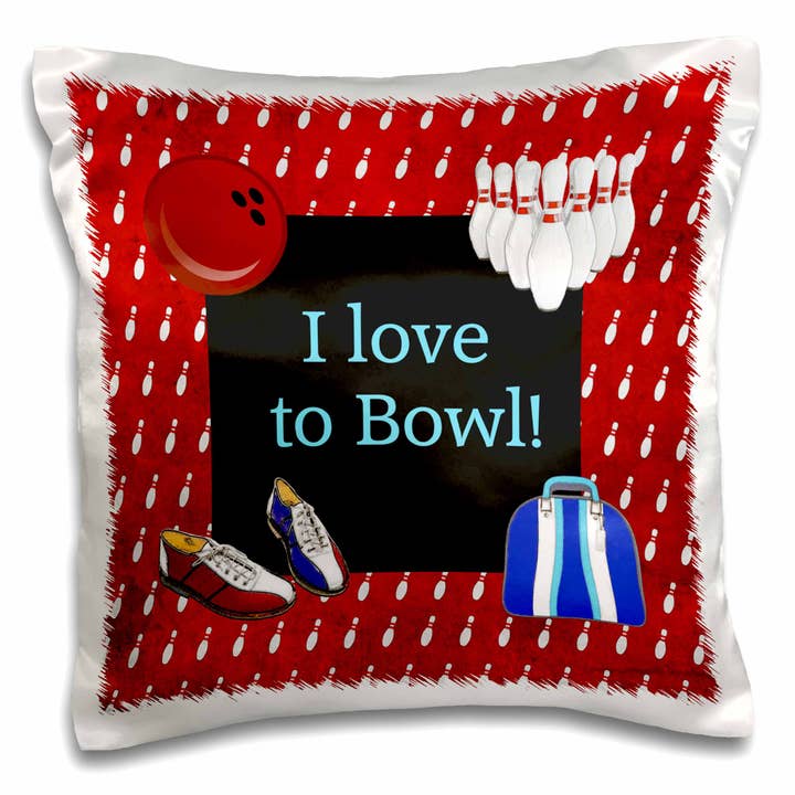 3dRose, Adoro Jogar Bowling, Pinos de Bowling, Bola, Sapatos e Saco, Vermelho, Azul e Branco, Fronha por atacado de 3dRose