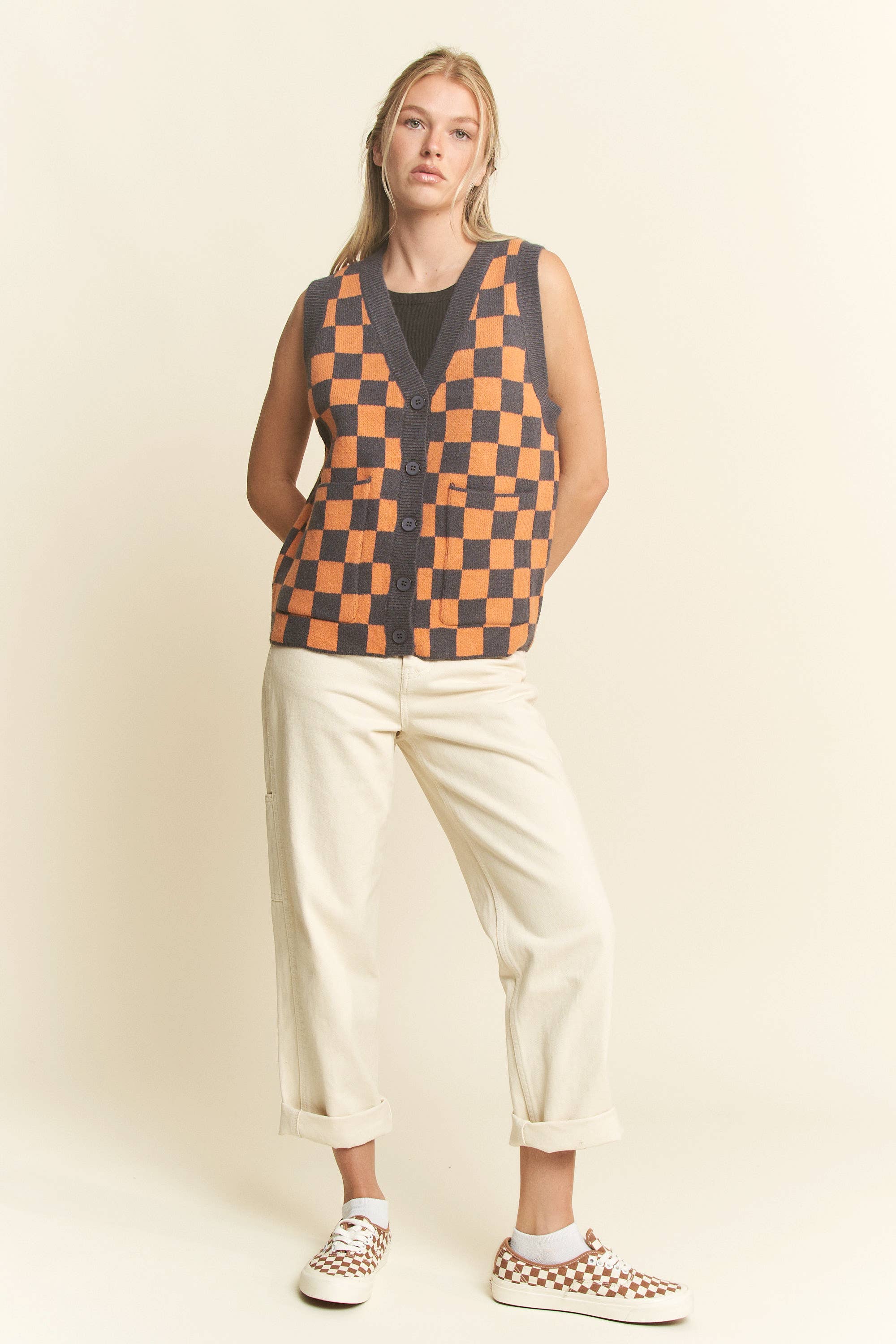 JADE BY JANE – Colete - Mulher por atacado – COLETE XADREZ SEM MANGAS COM DECOTE EM V2