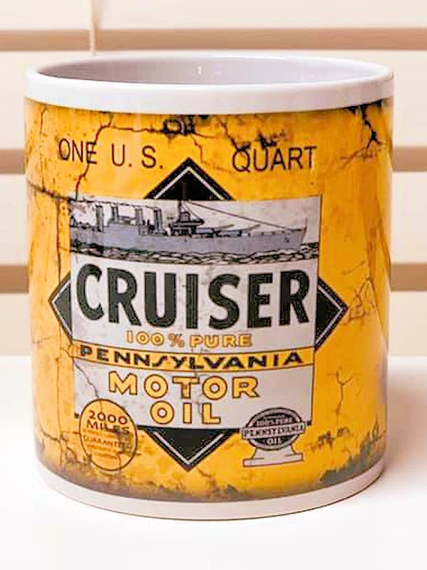 Oil Can Cruiser 14 ounce ceramic coffee cup for wholesale by Indigo Sky Mercantile