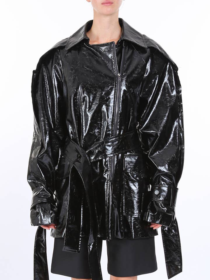 Vegan Leather Belted Detail Trench Coat PC4095 for wholesale by Beulah Style