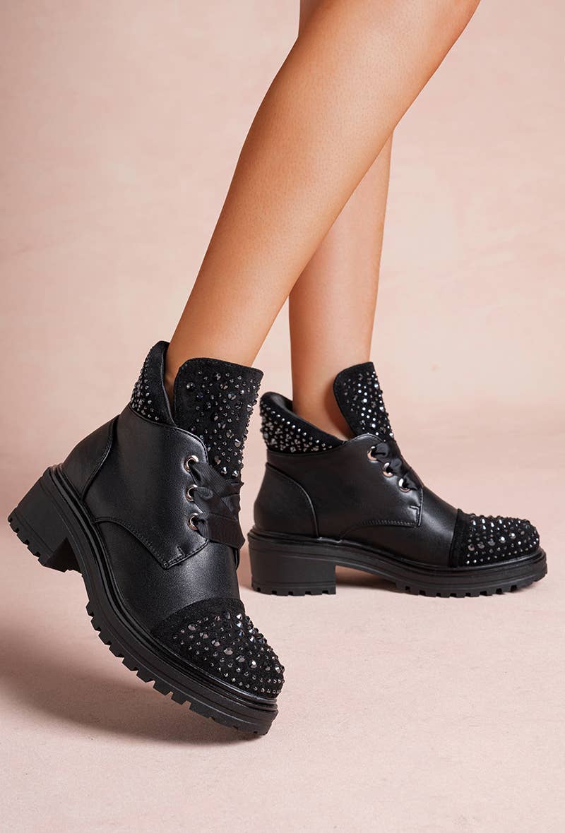 LADY GLORY - Wholesale Combat/Military Boots - Women's - Faux leather ankle boots with rhinestones5
