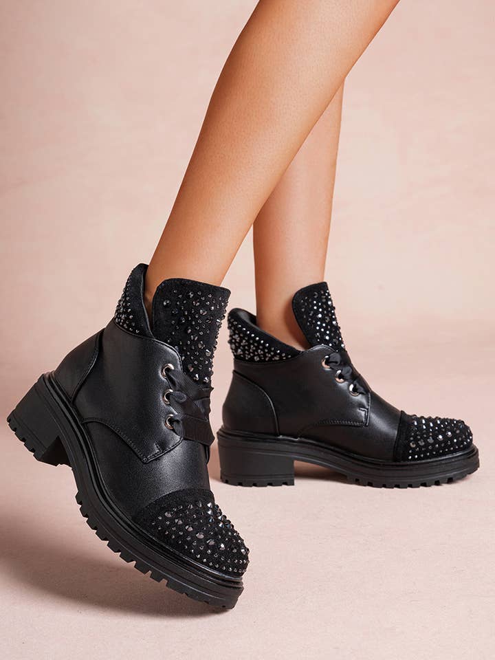 LADY GLORY - Wholesale Combat/Military Boots - Women's - Faux leather ankle boots with rhinestones5