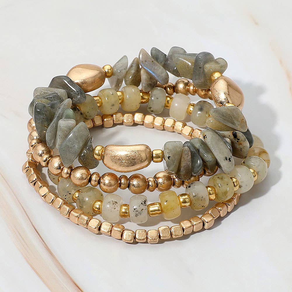 Sensibling Corp. - Wholesale Jewelry Set - 4PCS - Natural Stone Metal Ball Beaded Stretch Multi Layered Bracelets1