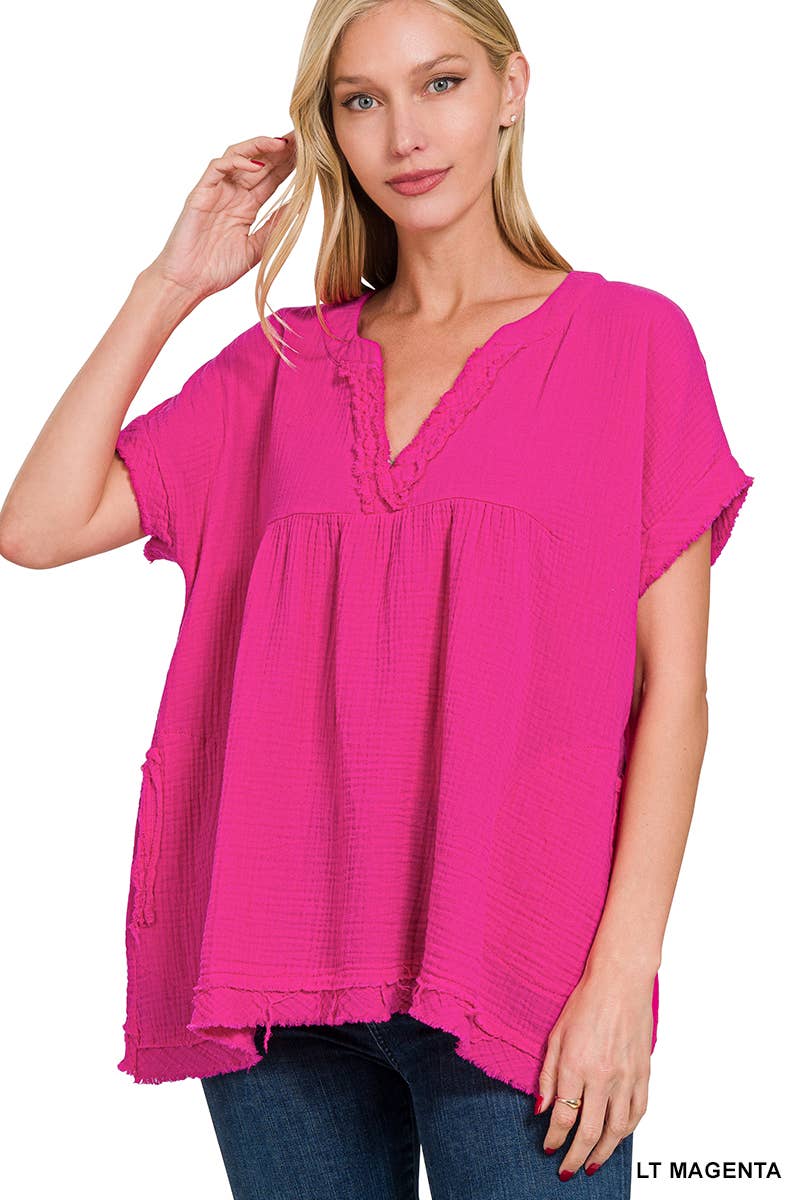 42POPS – wholesale Tunika - Dam – "Rå kant kortärmad V-ringad tröja15