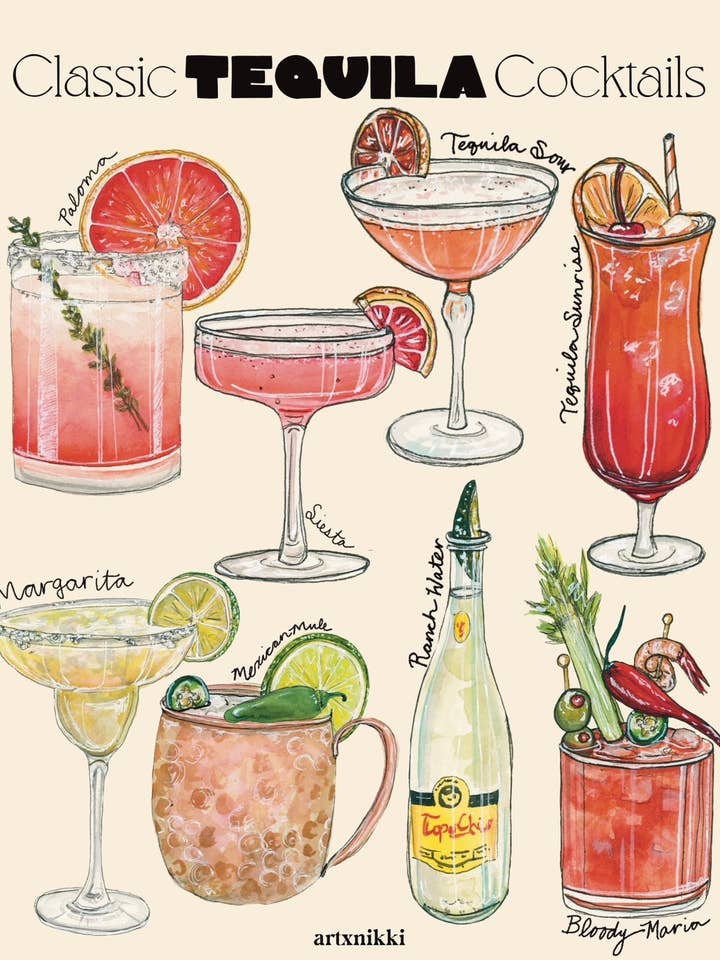 Lámina artística clásica con gráfico de cócteles de tequila para venta al por mayor de artxnikki