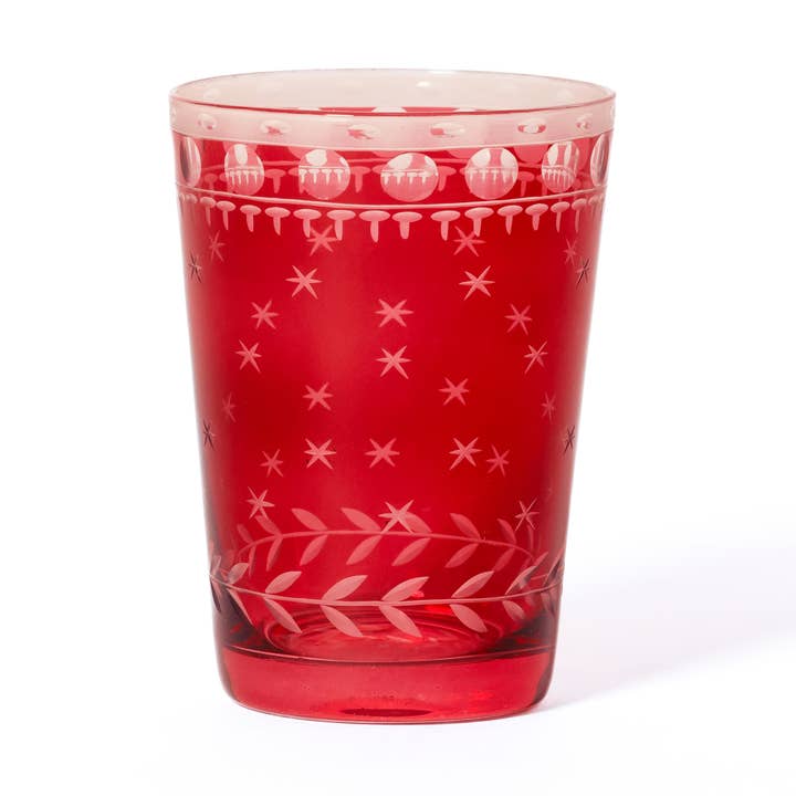 Festlicher handgeschnittener roter Glas-Kerzenhalterbecher für den Großhandel von Zodax