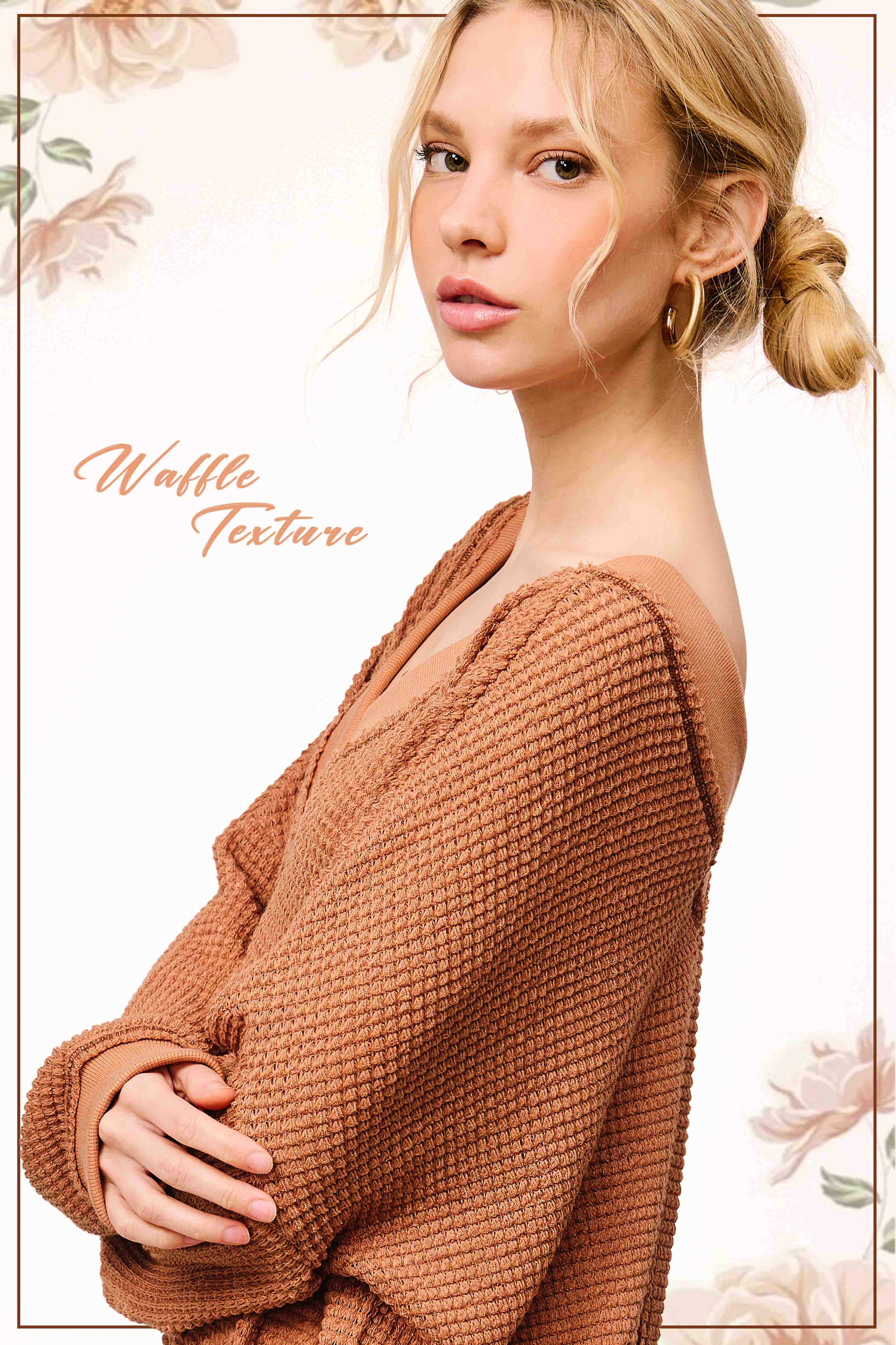 La Miel – Großhandel Strickoberteil – Damen – JLT7410-Langarmshirt mit Waffelstruktur und V-Ausschnitt in lockerer Passform37