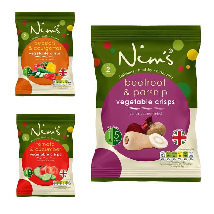 Nims Fruit Crisps – wholesale Chips – Urvalslåda - Rödbetor och palsternacka chips, peppar- och zucchini-chips, tomat- och gurkchips - Flerpack Låda med 12 förpackningar