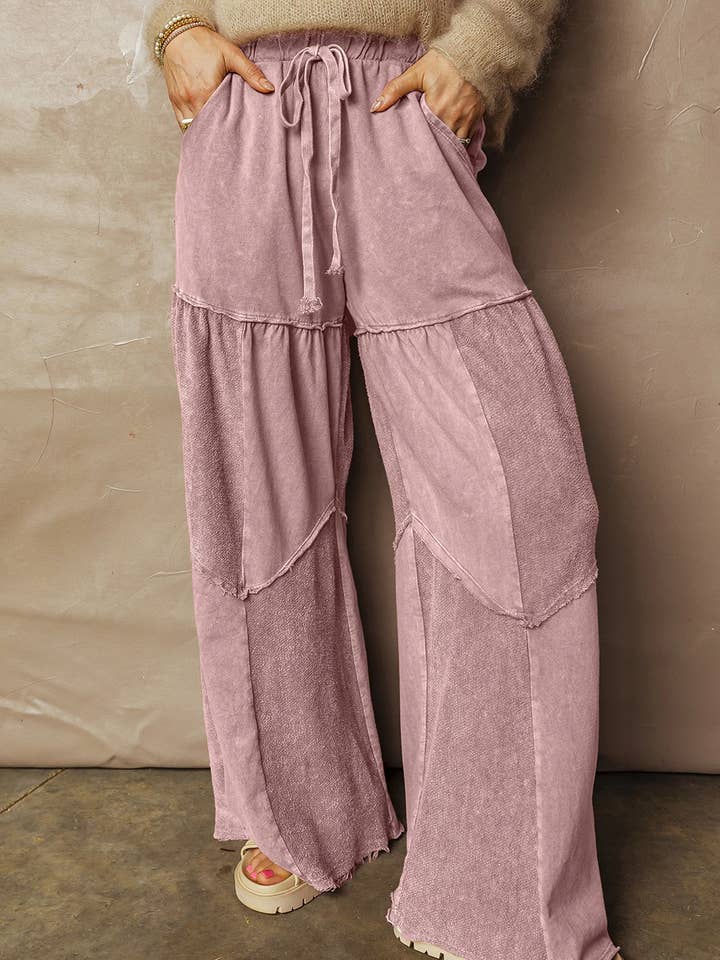 FULL TIME PURCHASE - Wholesale Pants - Women's - Mineral Wash Tiered Wide Leg Patchwork Drawstring Pants