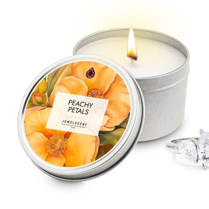 Candela per gioielli in latta Peachy Petals da 5,5 once per la vendita all'ingrosso da parte di JewelScent