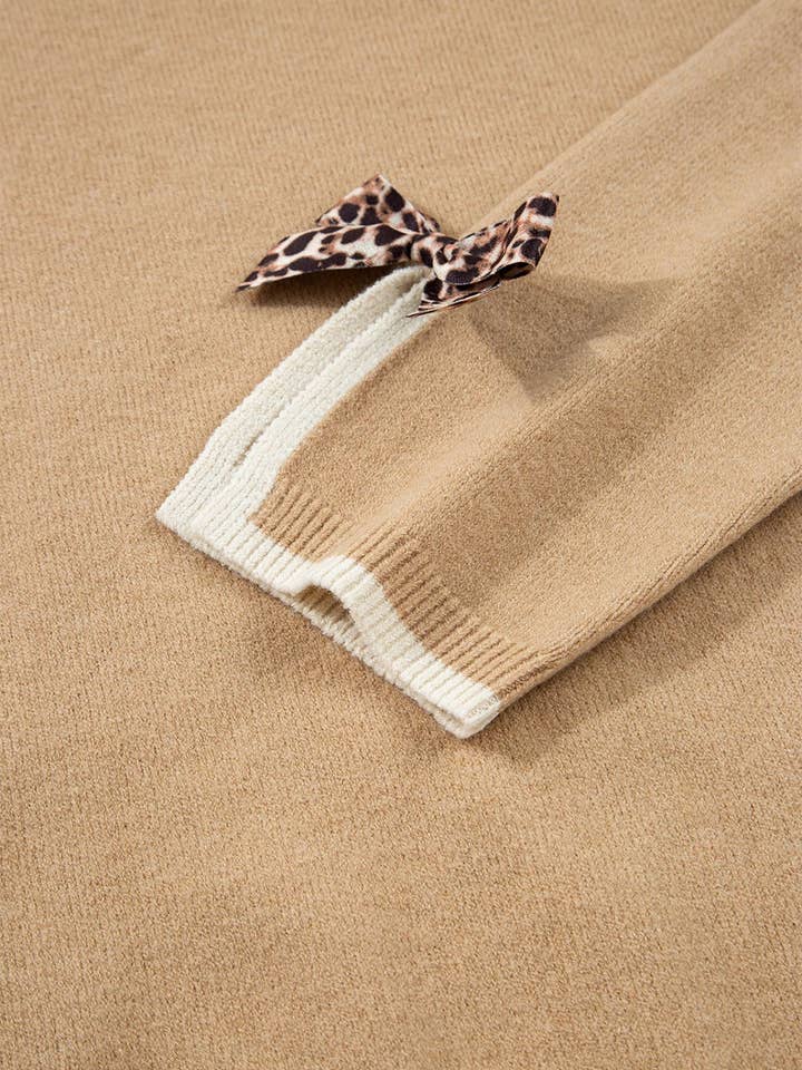 Suhkasana - Wholesale Knit Sweater - Women's - Leopard Bow Split Cuff Contrast Knit Sweater for Women23