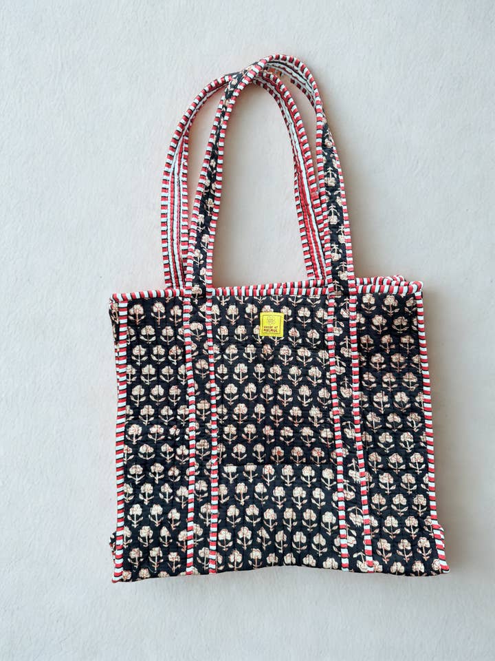 Handblock Printed Cotton Tote Bag (Black) for wholesale by House of Mulmul LLC