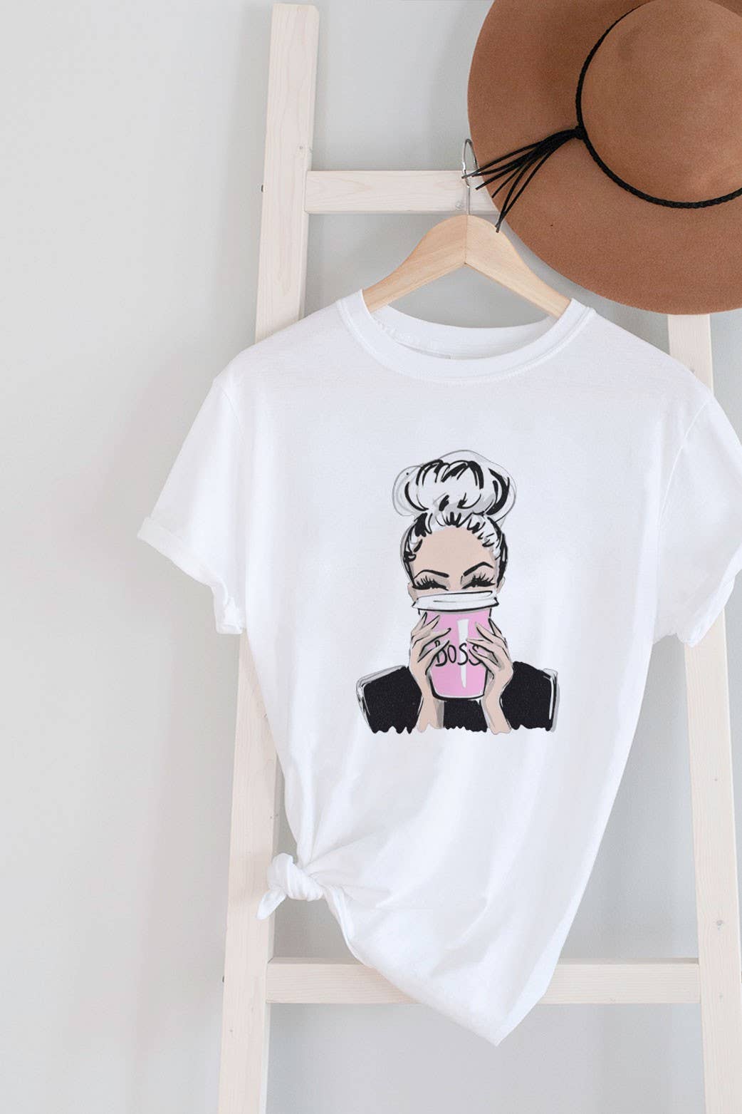 Top Avenue – wholesale Screen printed t-shirt – Women′s –  Boss Lady Drinking Coffee, Unisex Round Neck T-Shirt1