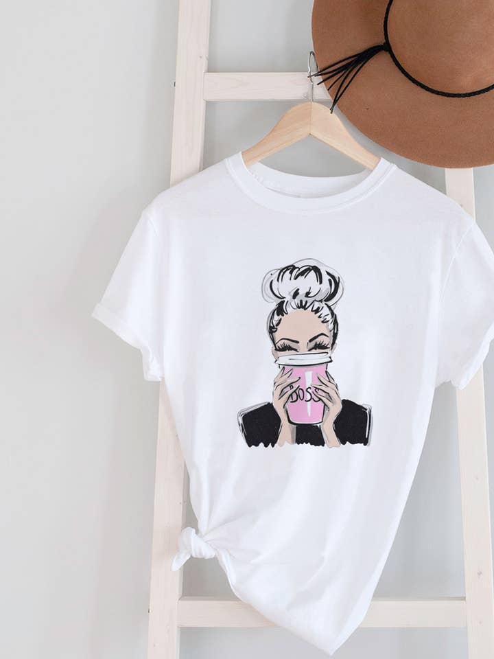 Top Avenue – wholesale Screen printed t-shirt – Women′s – Boss Lady Drinking Coffee, Unisex Round Neck T-Shirt1
