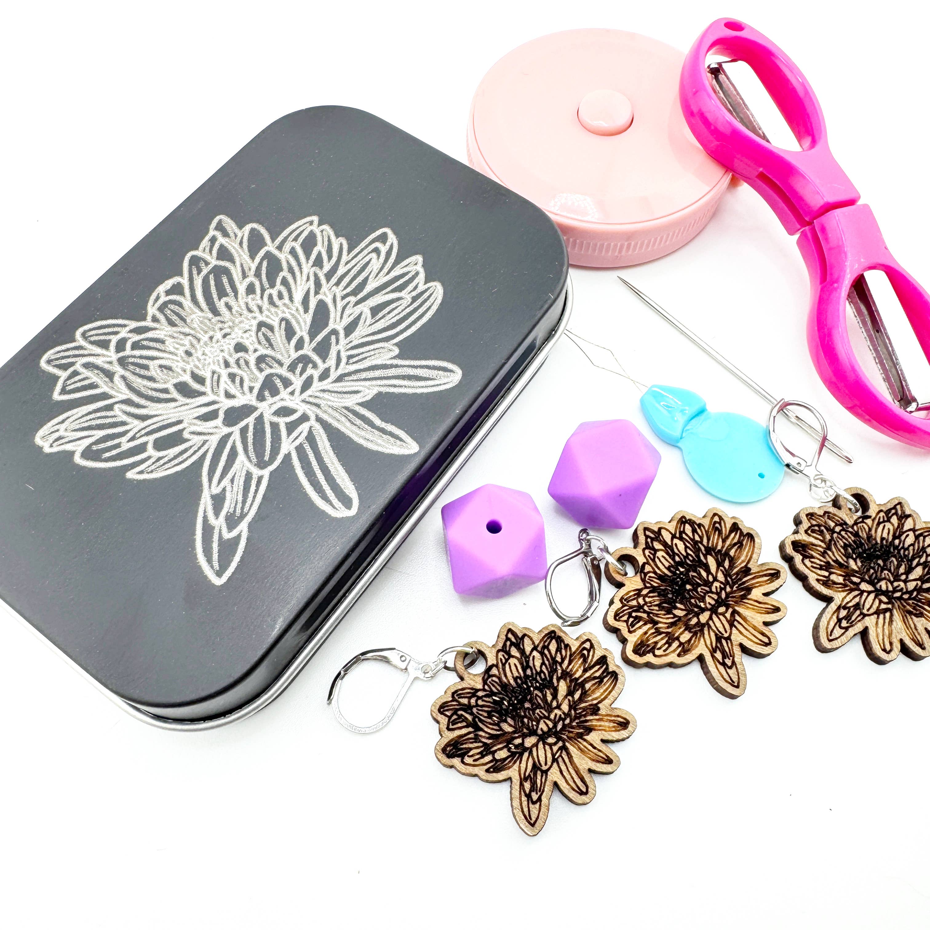 Art by Erica H & Rebel Stitchers - Wholesale Knitting/Crochet Supplies - Chrysanthemum Notions Metal Tin Kit w/ Magnets Needle Holder4