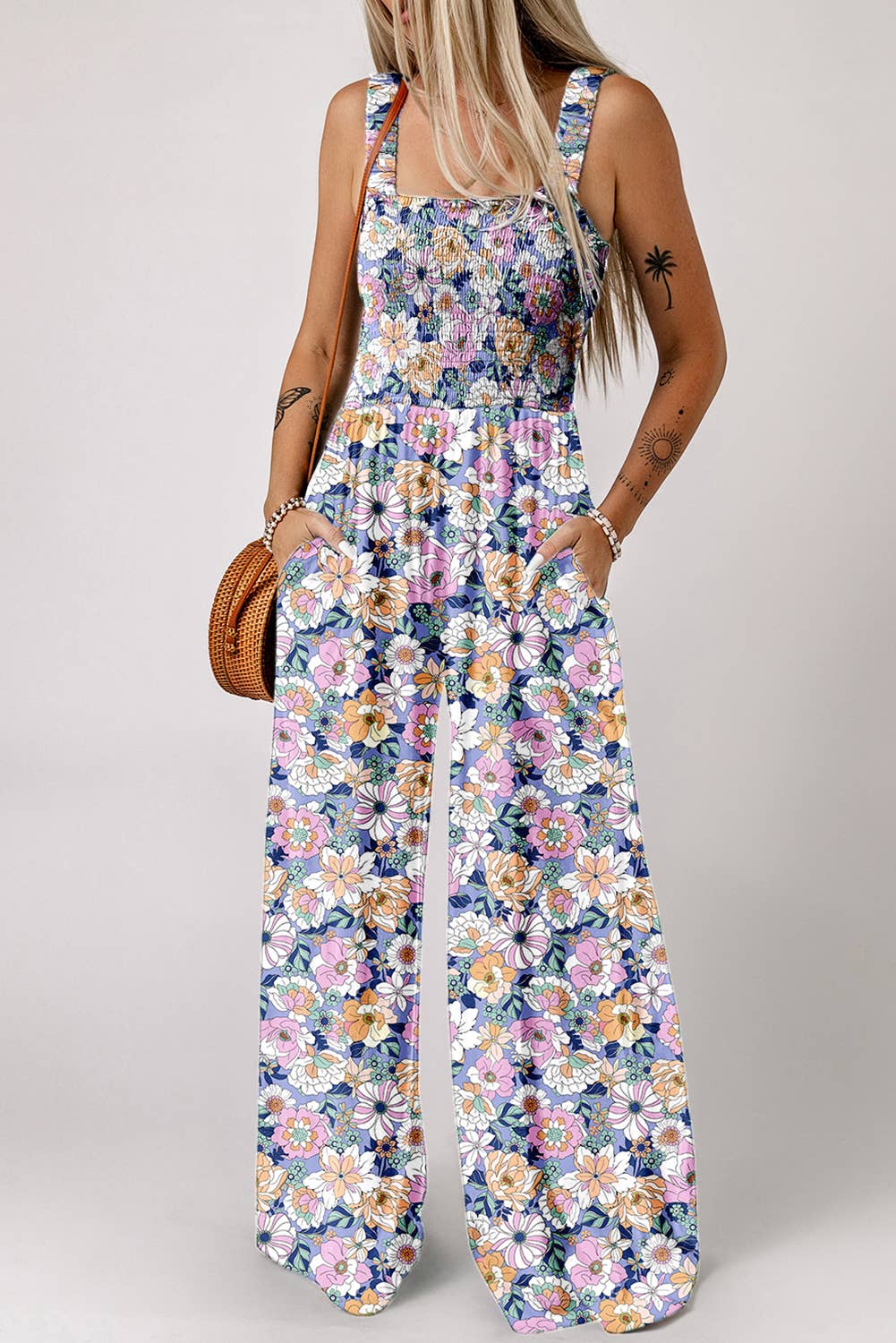 1 the Woman - Wholesale Jumpsuit - Women's - Spring Floral Print Smocked High Waist Square Neck Jumpsuit7