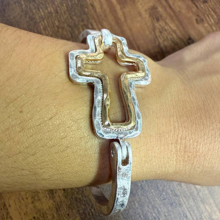 Paco Designs - Wholesale Cuff Bracelet - Beautiful Mixed Metal Cross Cuff Bracelet Gold OR Silver6