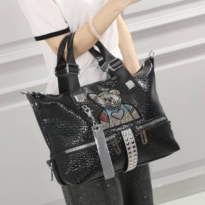 PEACH ACCESSORIES - Wholesale Shoulder Bag - Women's - Chic Hobo Bag with Rhinestone Teddy Bear in Black 8074