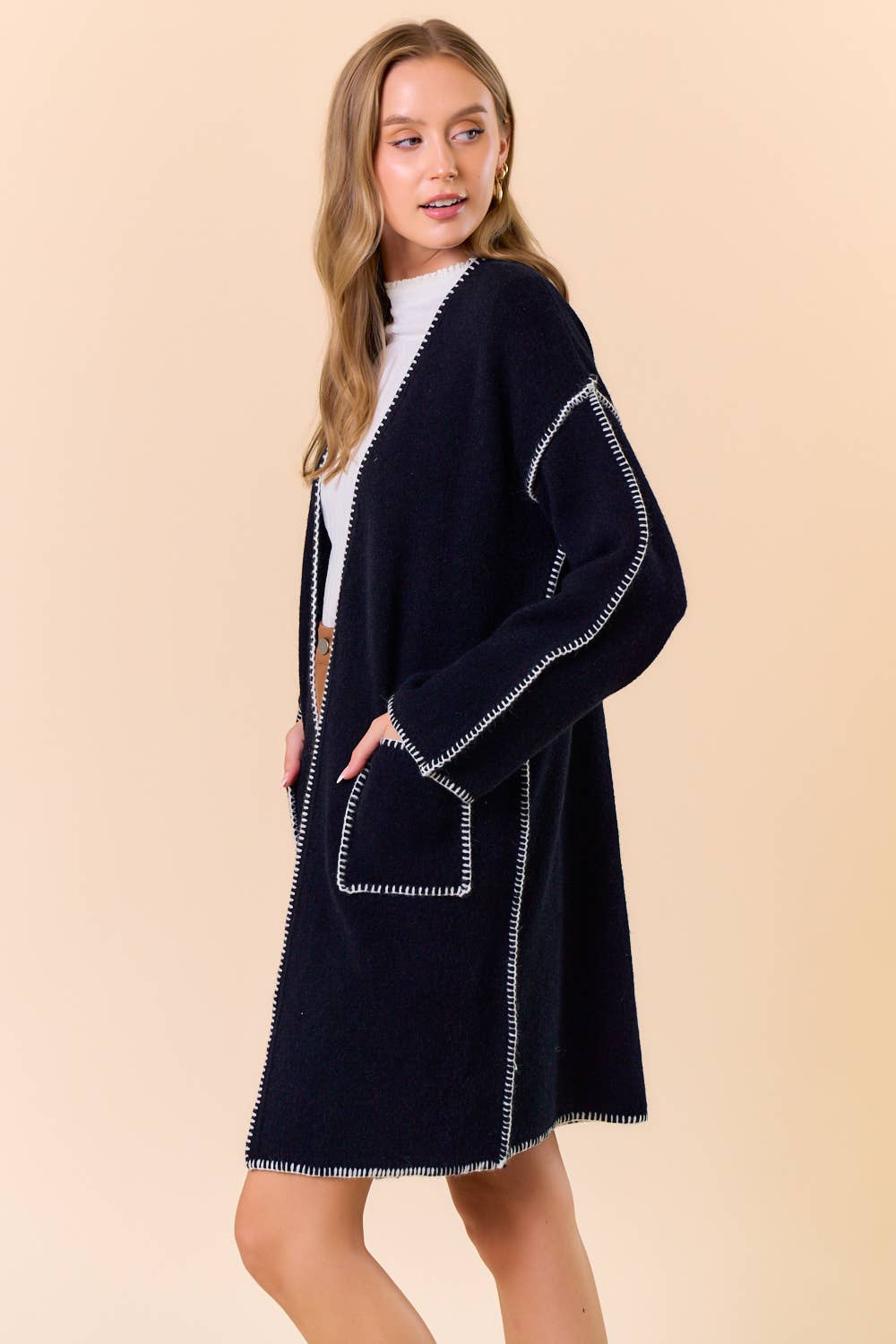 Noir Cardigan ouvert à manches longues cousu en couverture - 1755C en vente sur Faire2