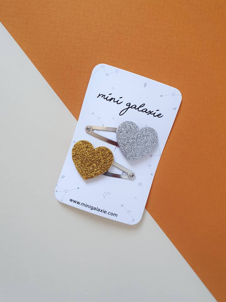 Gold and silver heart glitter barrettes for wholesale by Mini galaxie