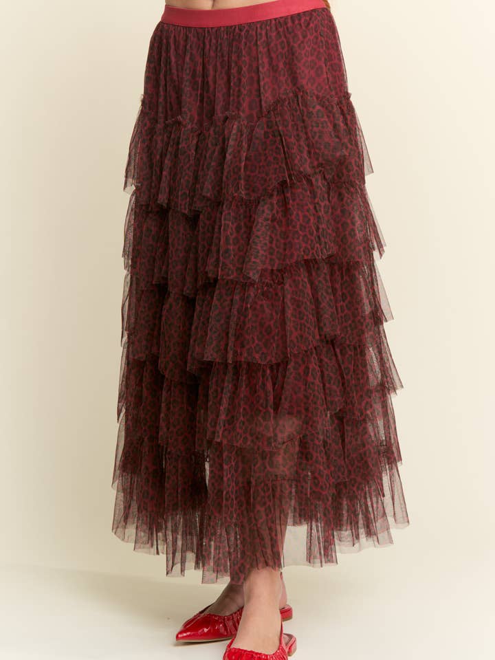 LEOPARD PRINT MESH TIERED MAXI SKIRT for wholesale by J.NNA