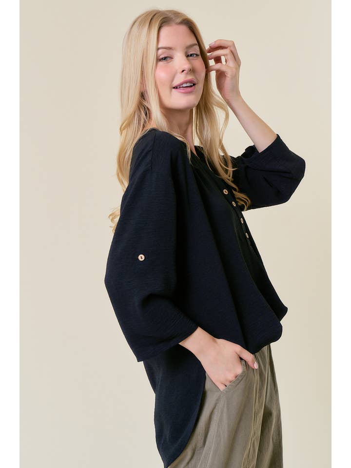 Doe and Rae - Wholesale Tunic - Women's - HALF BUTTON HI-LO BLOUSE - 43942T9