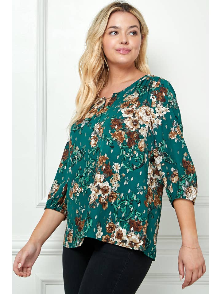 TEAL RPE PLUS SIZE ELASTIC SLEEVE TRIM NECK FRONT BLOUSE G216777N38X for wholesale on Faire4