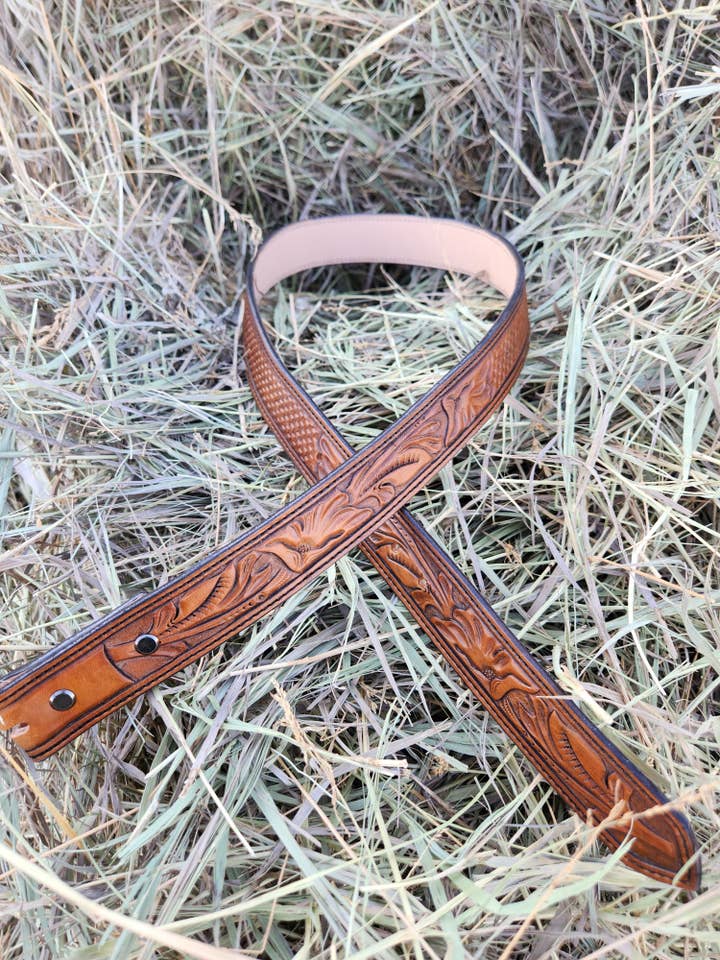 Checkered and Floral Tooled Belt for wholesale by Varnish Bay Leatherwork