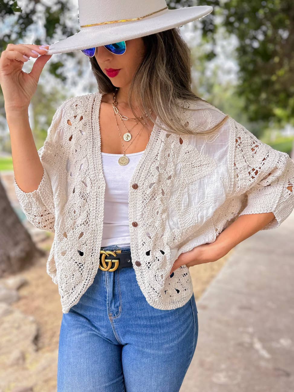 Ivory Boho Lace Detail Dolman Sleeve Button-Down Cardigan for wholesale on Faire5