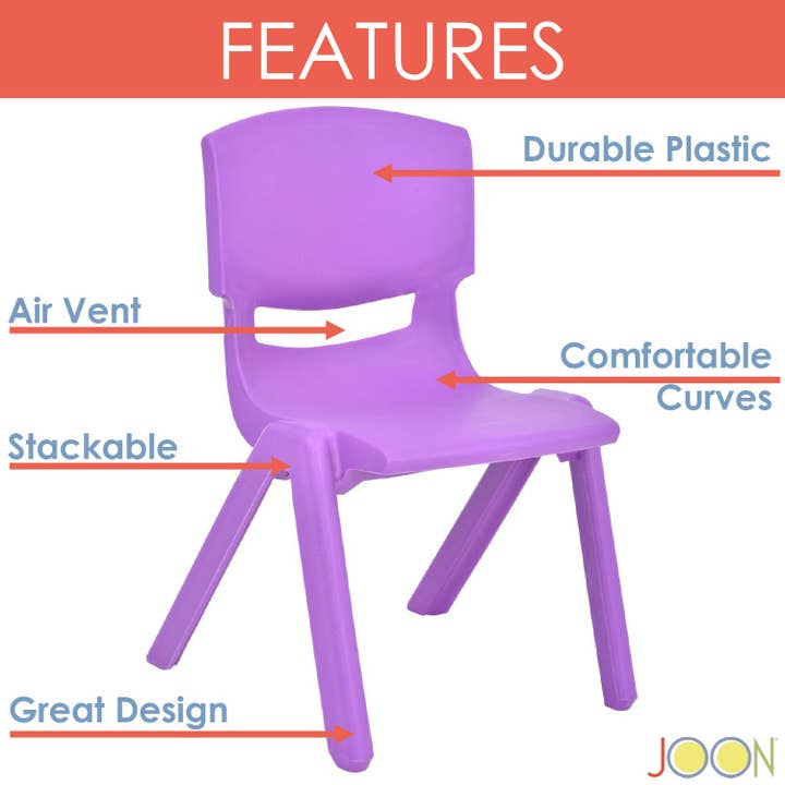 JOON Stackable Plastic Kids Learning Chairs, Purple, 20.5x12.75X11 Inches, 2-Pack (Pack of 2) for wholesale by ShopBobbys