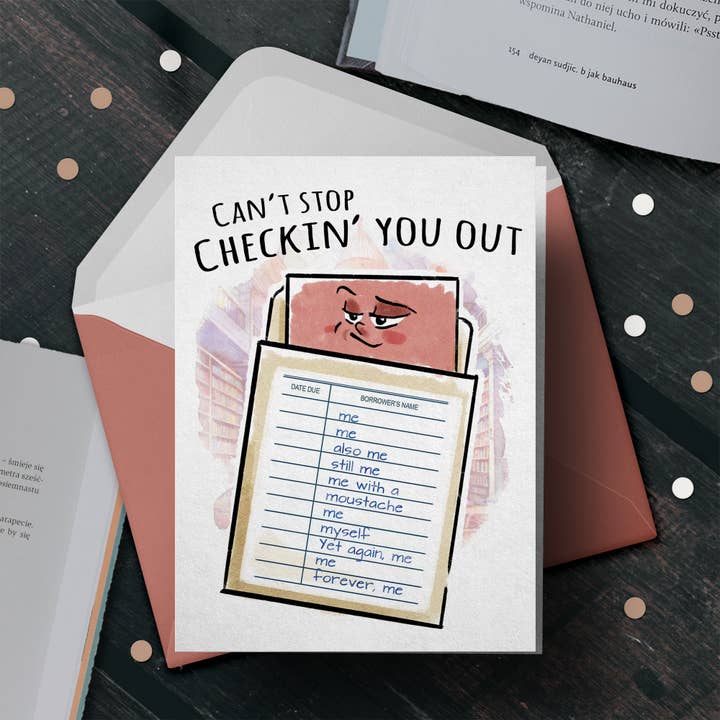 „Checking You Out“ Cute Book Love Valentine-læserkort for engroshandel hos Aaron Millard Illustration