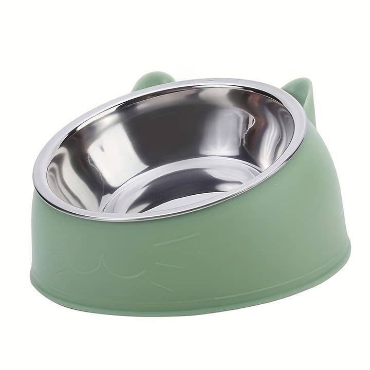 DIYSTORE - Wholesale Pet Bowl - Cat/Dog - 1pc Elevated Stainless Steel Cat Bowl, 2-in-1 Inclined Food & Water Dish with Cute Ear Stand, Neck Protection Design for Cats