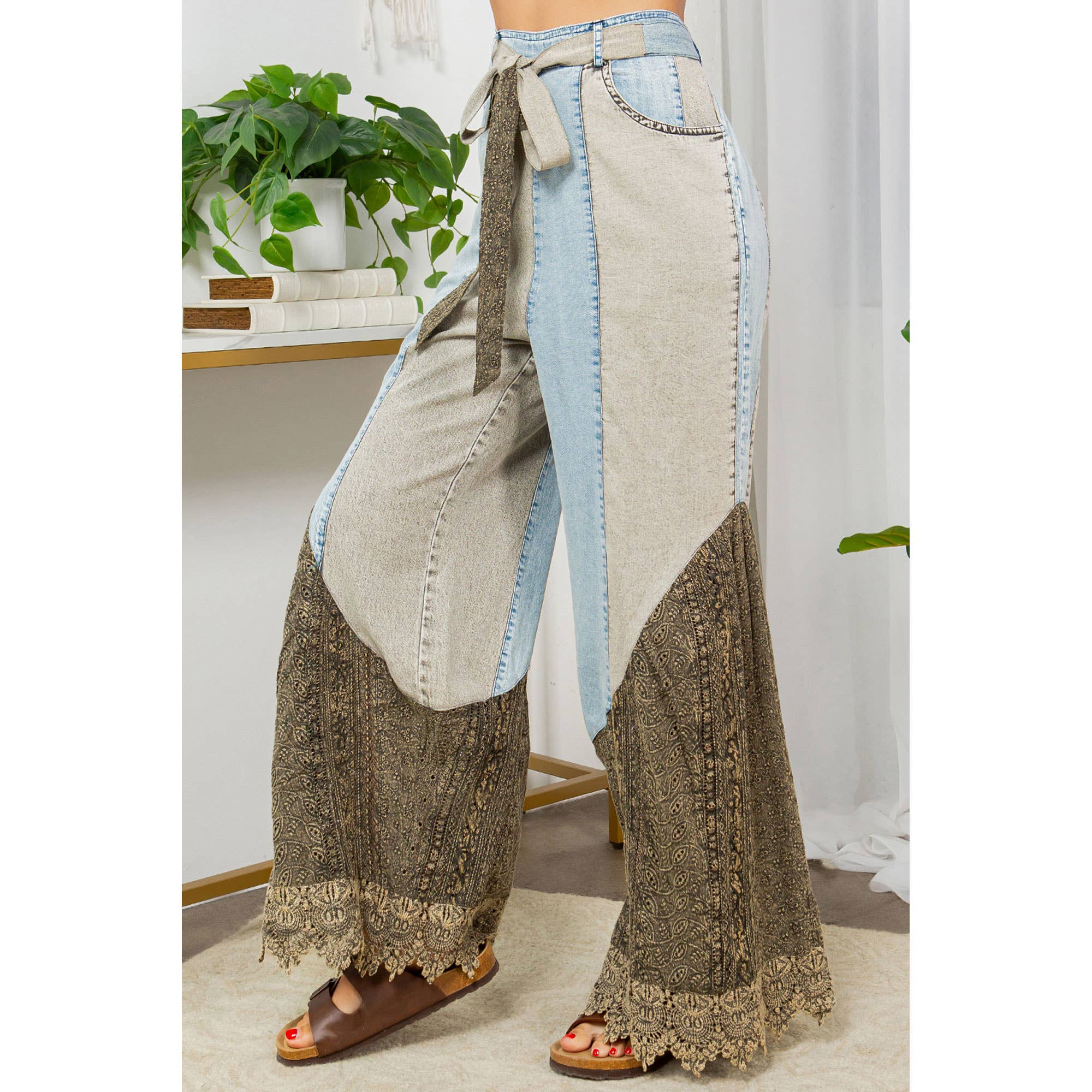 Aqua Wild West Lace Rhapsody Denim Lace Flare Pants for wholesale on Faire2