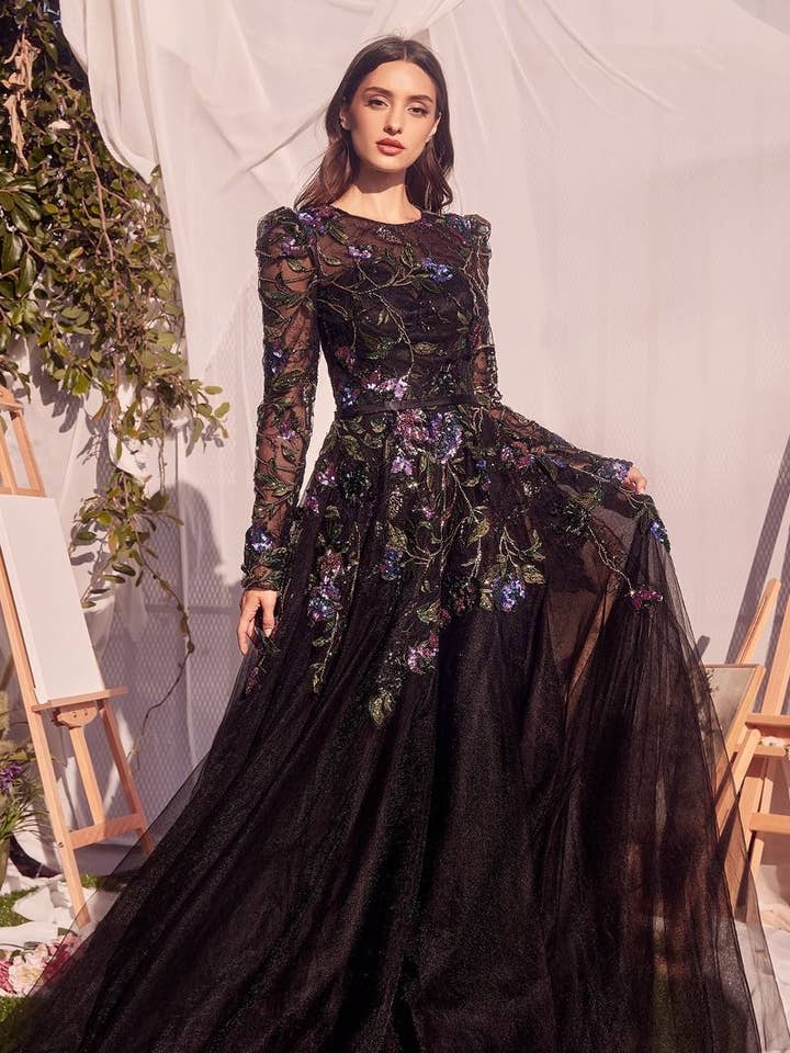 Svart Svart långärmad balklänning med dekorationer för wholesale på Faire0