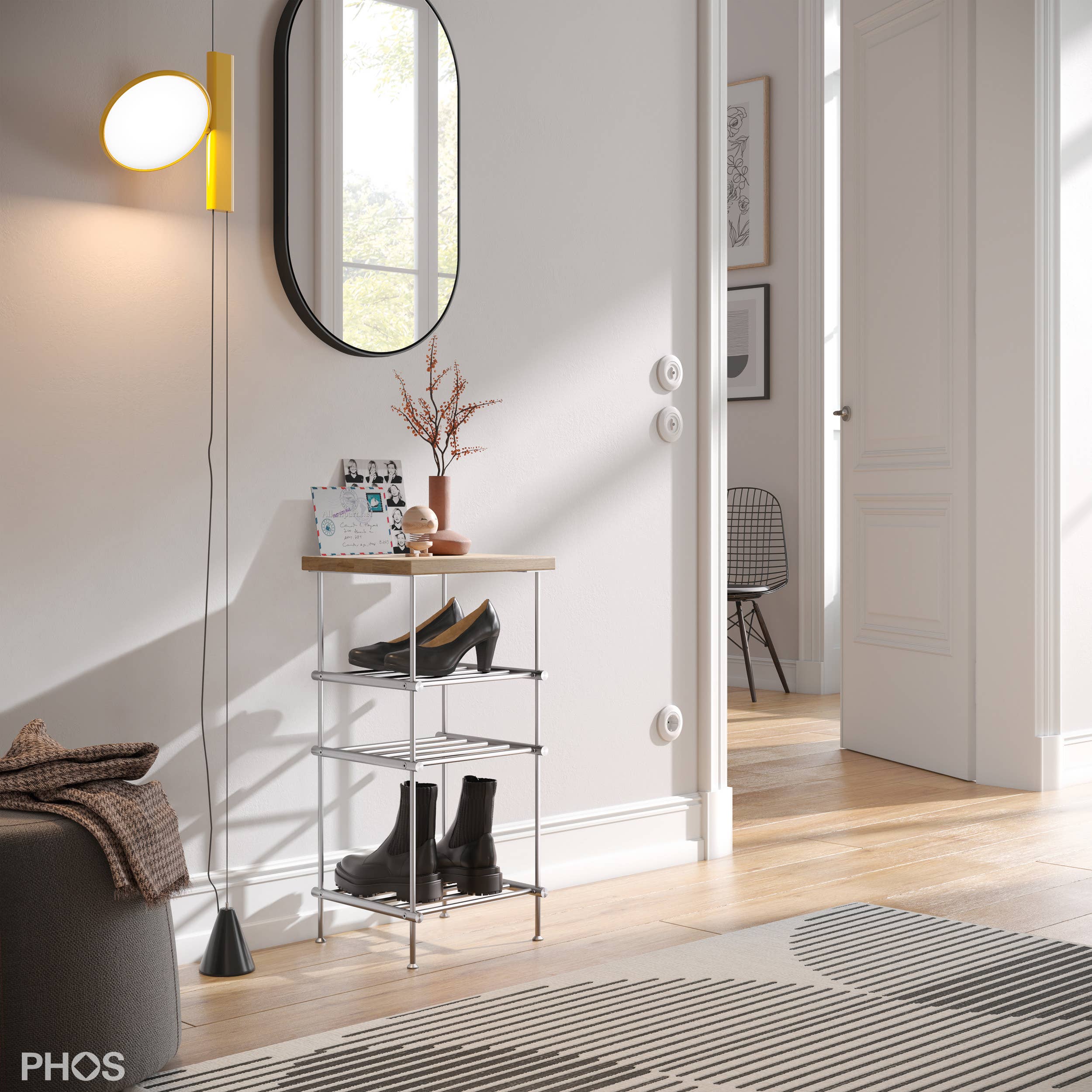 PHOS Design GmbH - Wholesale Shoe Rack - Stainless steel narrow shoe racks with oak wood rack2