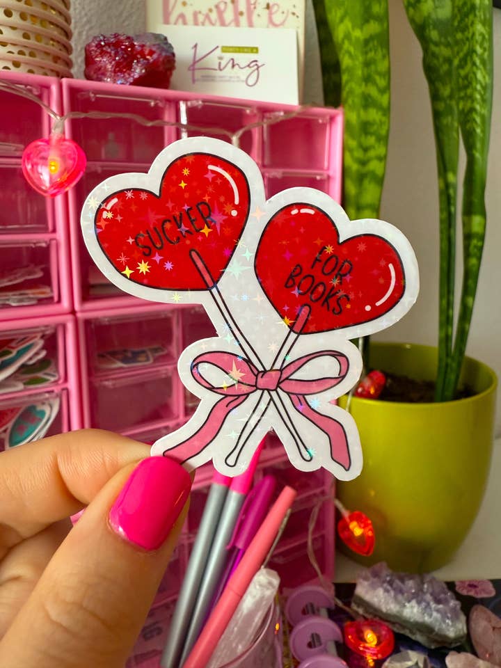 Bookish Valentine's day sticker (holographic) for wholesale by Party Like A King