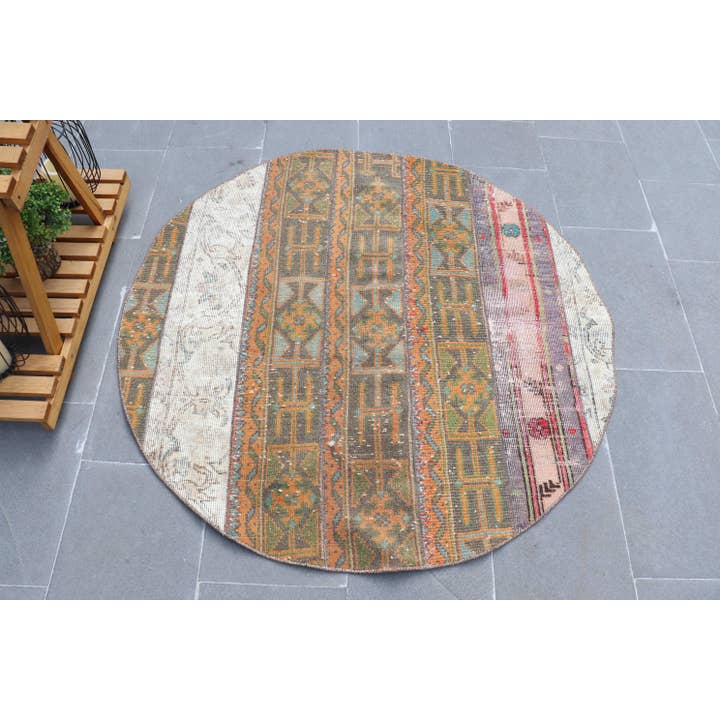 Vintage Turkish Rug, 4,1x4,1 ft Rug, Blue Orange Floral paisley Rug for wholesale by The Loom Wholesale