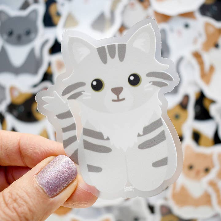 Looks Like My Cat! Long-haired silver tabby cat sticker for wholesale by Chester and Pearl
