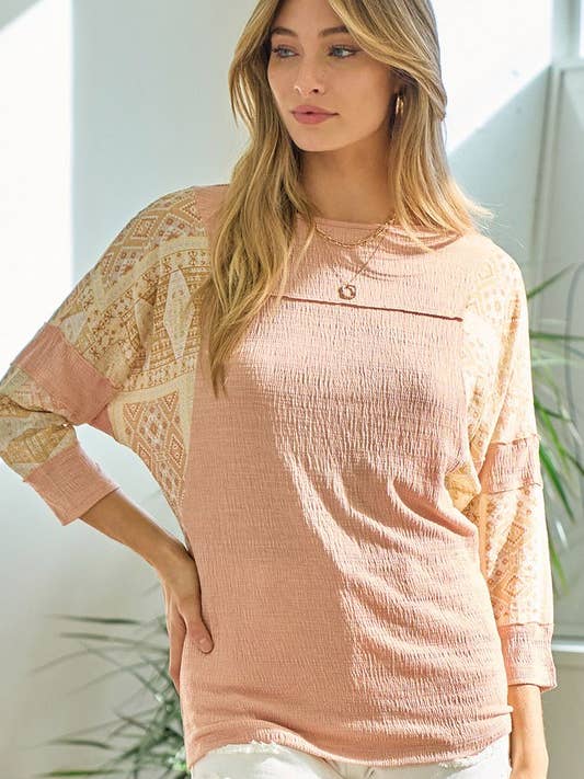 Patchwork Ärm Stickad Topp - 15034T-2 för wholesale av Doe and Rae