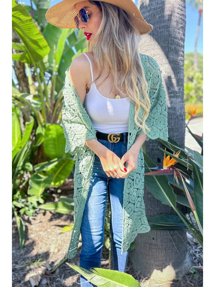 Salvia Sage sexkantig virkad 3/4 ärm Maxi Kimono Cardigan för wholesale på Faire4