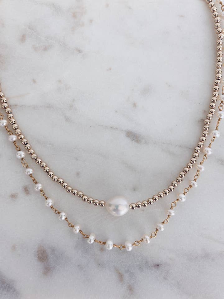 14k Gold Filled Beaded Baroque & Rosary Necklace for wholesale by Mac and Ry Jewelry