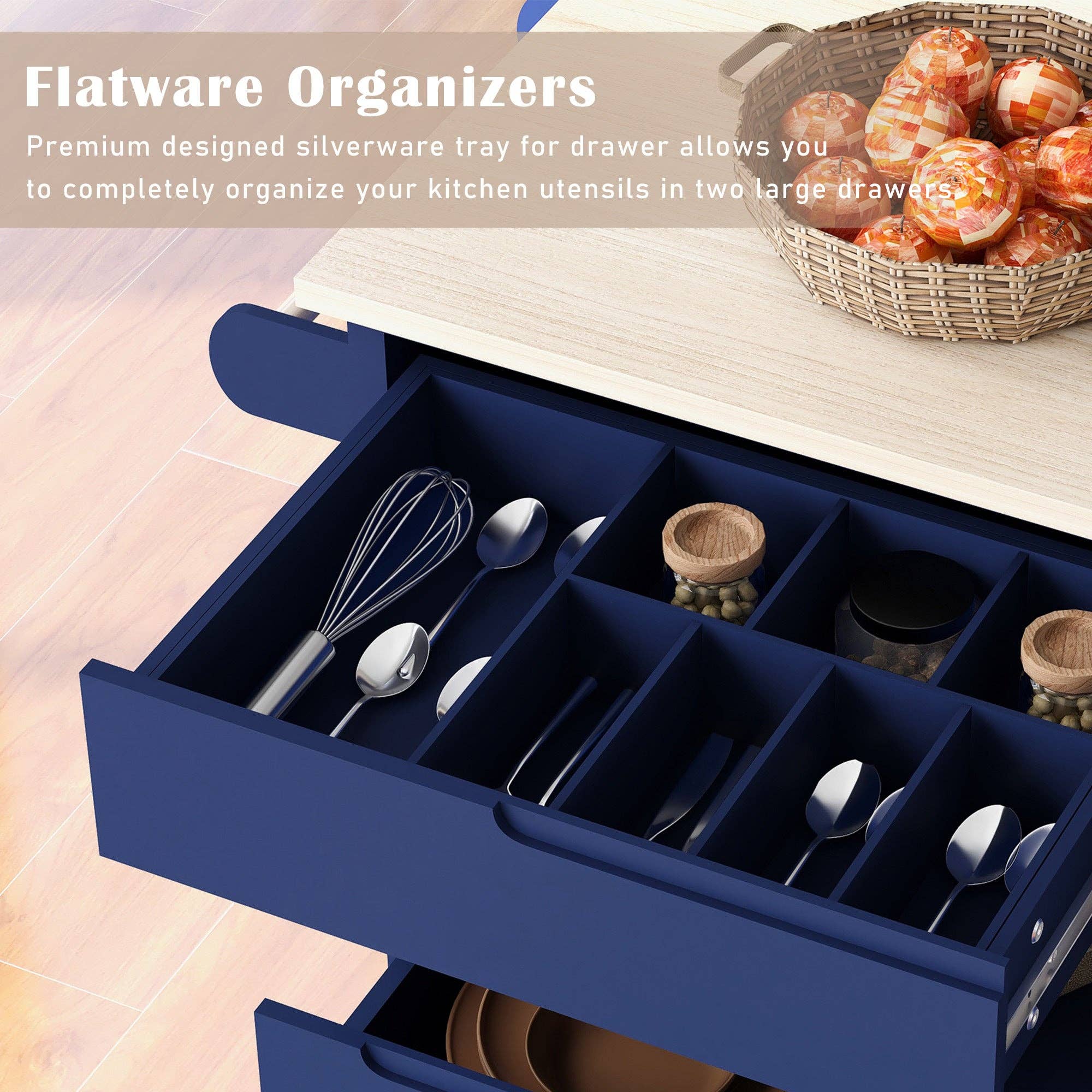 39F Inc. - Wholesale Kitchen Storage/Organizer - 53" Dark Blue Kitchen Island Cart with 8 Drawers & Wood 6