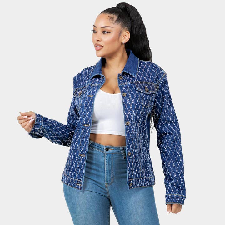 Diamantstickad jeansjacka med knappar för wholesale av Sensibling Corp.