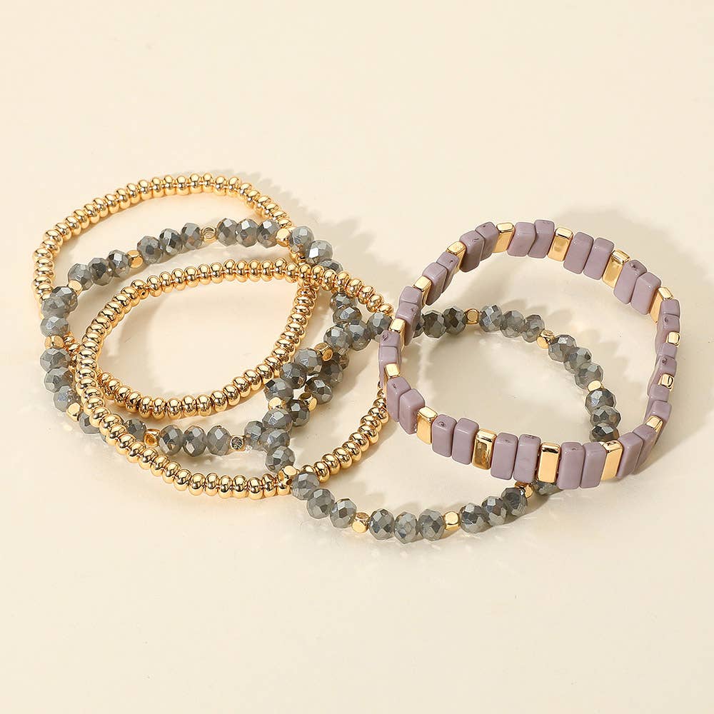 Sensibling Corp. - Wholesale Jewelry Set - 5PCS - Mixed Shape Textured Beaded Stretch Multi Layered Bracelets3