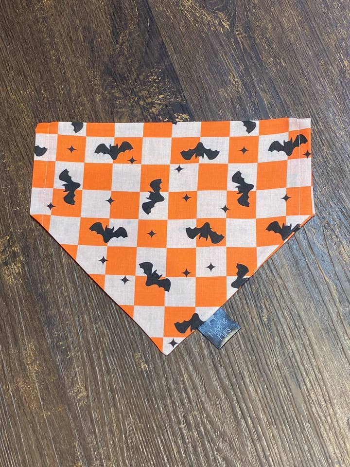 Orange and White Checkerboard with Bats Over the Collar Dog Bandana for wholesale by MagPie Pups