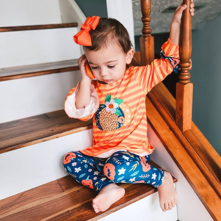 AnnLoren - Wholesale Top & Leggings Set - Kids - Girls Orange Fall Pumpkin 2pc Outfit Thanksgiving Clothes4
