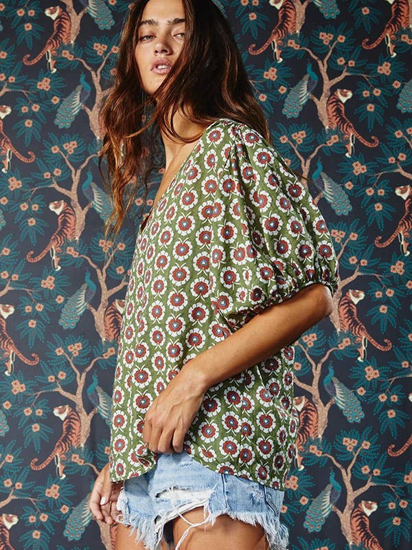 OLIVE T1868 Puff Sleeve Floral Woven Blouse for wholesale on Faire14